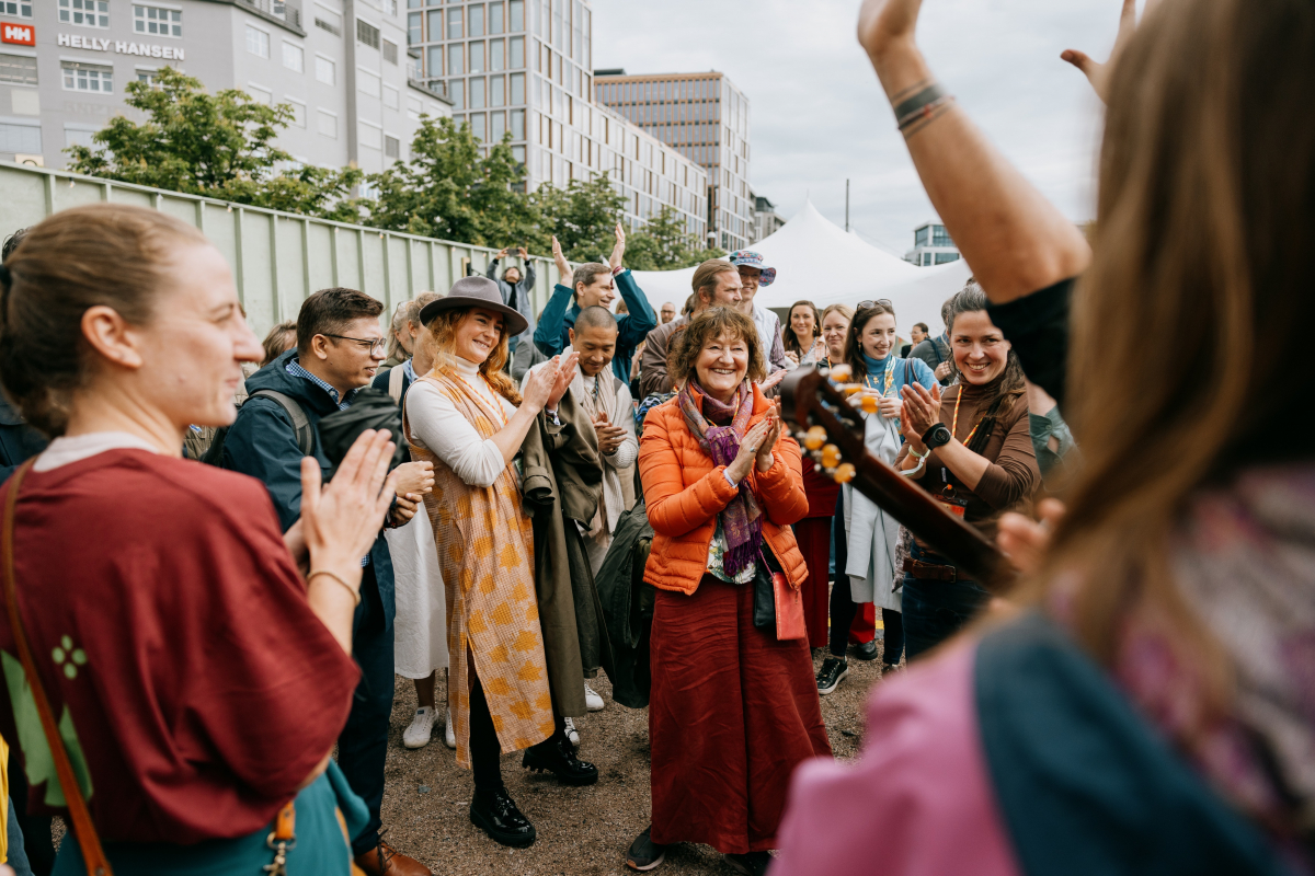 Block print of crowd watching fireworks